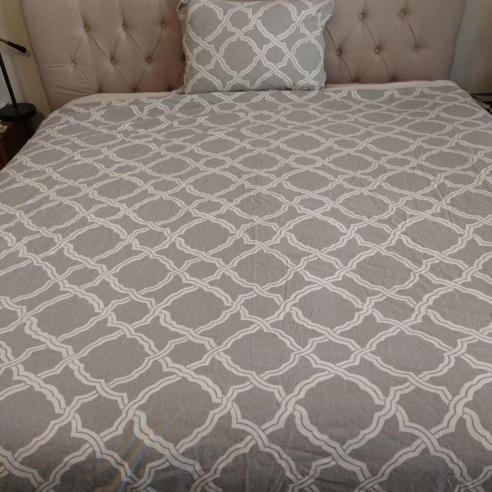 Pottery Barn Duvet Cover Pillow Sham Full Queen Linen Gray Kendra Trellis